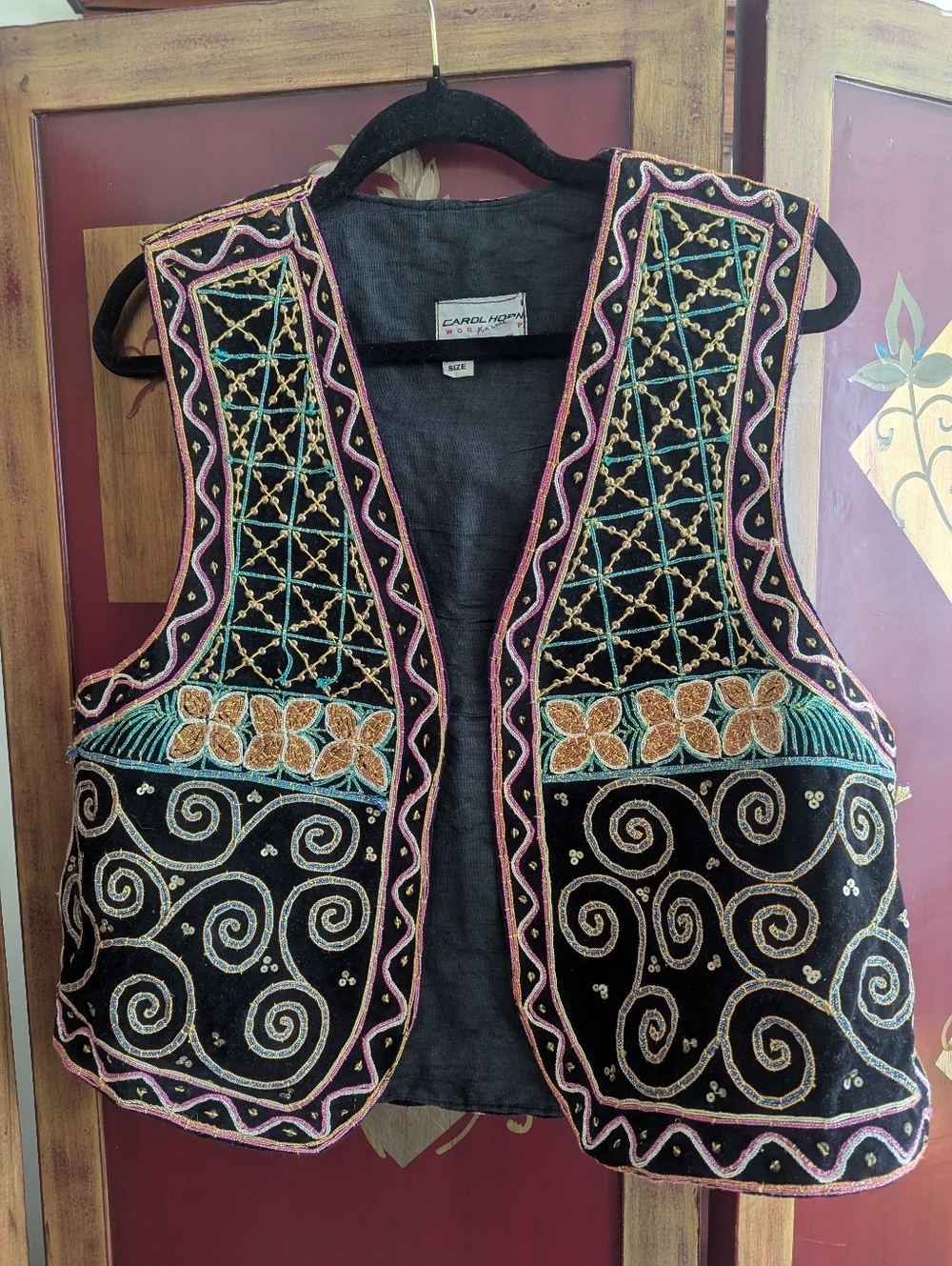 Carol Horn Boho Vest OS Sequins Beaded Velvet Metallic Festival Folk Art